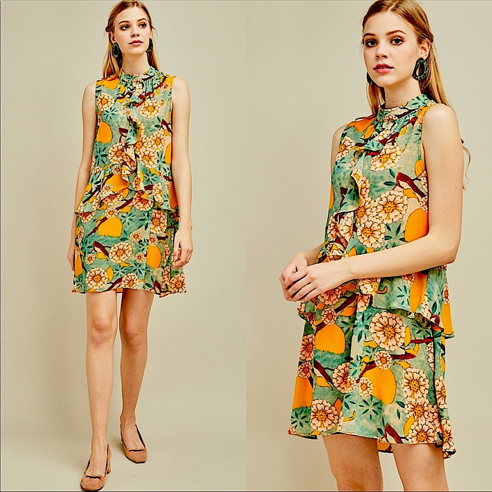 Private Label Green Floral & Orange Fruit Print Midi Dress